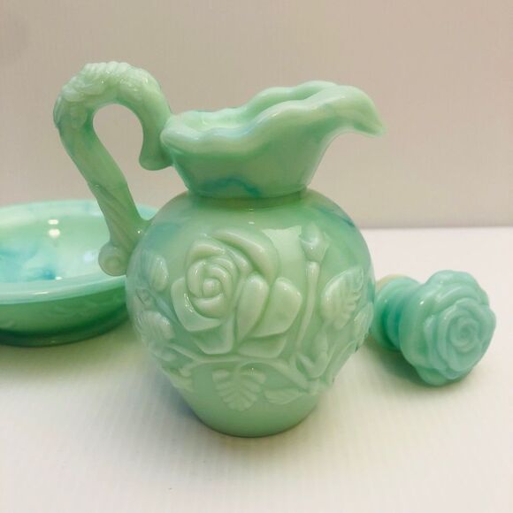 Vintage Avon Victorian Rose Jade Glass Pitcher and Bowl - Picture 3 of 9